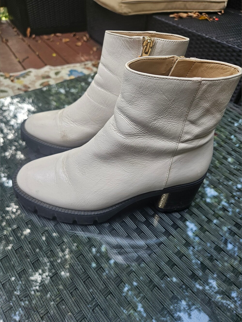 Vintage Coach Chrissy Chalk Leather Ankle Boots with Gold Zip Accent